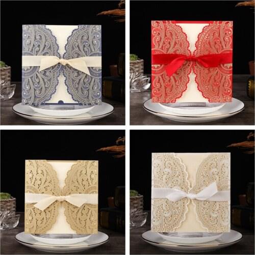 10pcs Sample 4 Color Laser Cut Wedding Invitations Card lace Elegant Greeting Card WIth Ribbon Envelopes Wedding Party Decoratio