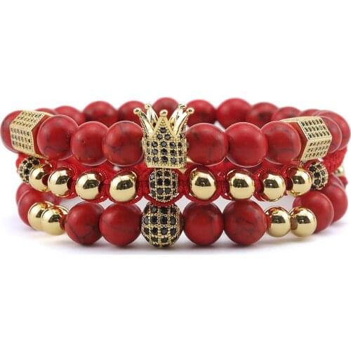 3pcs/Set Luxury Crown Bracelets CZ Ball Charm men crown bracelets & bangles for Men Jewelry Braided Braiding Pulseira Bileklik