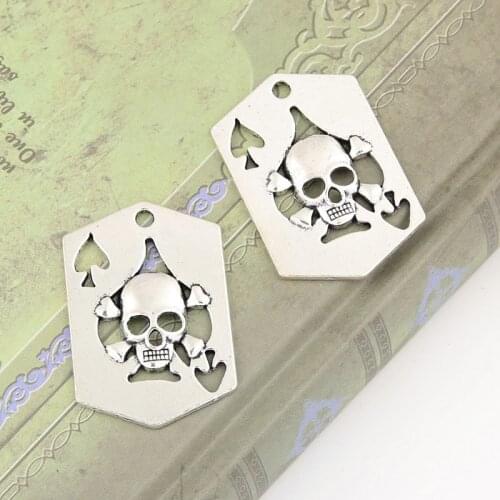 5pcs Silver Color Skeleton Playing Card Charms Divination Pendant For DIY Handmade Jewelry Making Accessorie 33.5x22mm