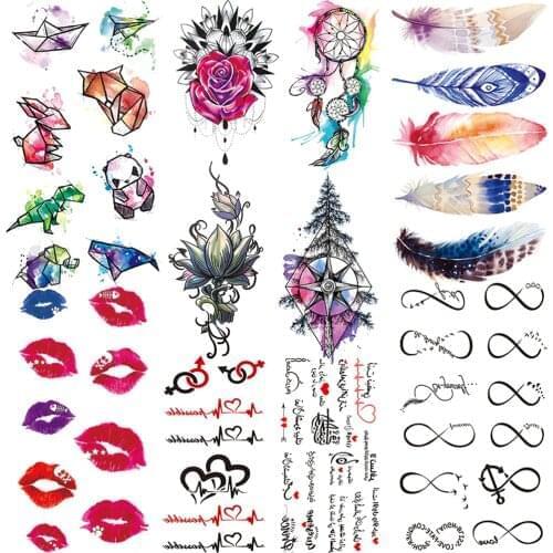 Watercolor Animal Temporary Tattoos For Kids Women Lovely Lip Feather Tattoo Sticker Rose Henna Flower Lotus Pine Tatoo Ear Hand