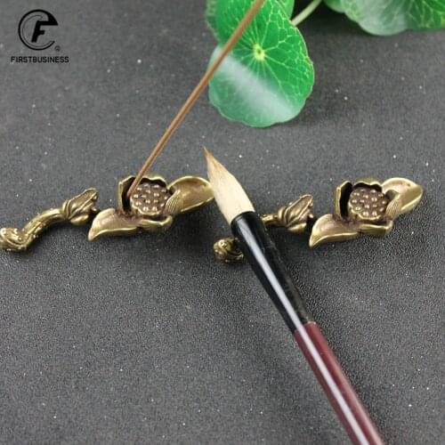 Antique Bronze Lotus Pen rack Desktop Decorations Incense Burner Vintage Copper Zen Tea Table Ornament Home Decor Crafts