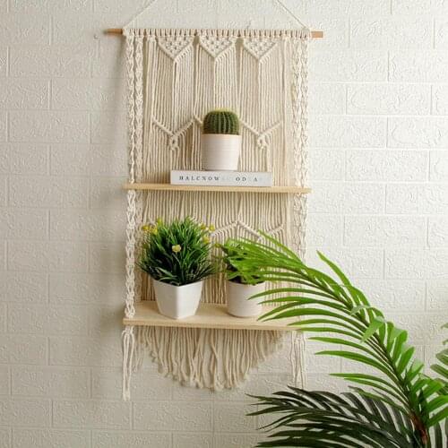Boho Decor Boho Woven Wood Shelf Tapestry 2 Tier Hanging Art Witchcraft Kawaii Room Decor Wall Shelves Tapestry Wall Hanging HOT