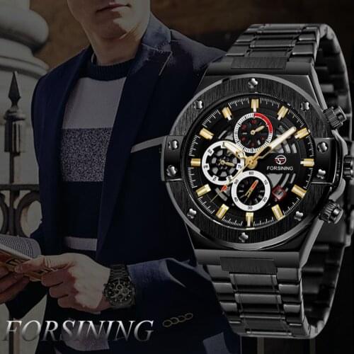 FORSINING Watch Mens Water Resistant Stainless Steel Automatic Mechanical Wristwatch Skeleton Multifunction Mens Watches Reloj