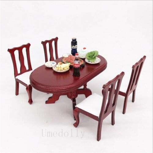 5pcs/set Mini 1/12 Scale Wooden Dollhouse Miniature Dining Table + Chair Pretend Play Kitchen Furniture Toy