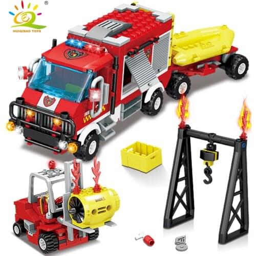 HUIQIBAO 412pcs Fire Rescue Truck Forklift Building Blocks City Construction fireman model Bricks Educational Toys for Children