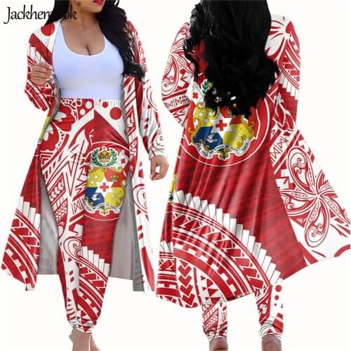 Jackherelook Red Polynesian Tribal Togan Flag Brand Design Casual 2 Piece Open Front Cardigan Bodycon Pants Clubwear Outfits