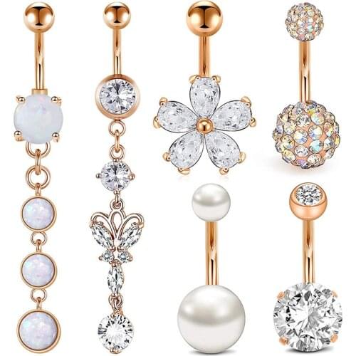14g Belly Button Rings Dangle Surgical Steel CZ Navel Ring Barbell for Women Girls Body Piercing Jewelry Rose Gold