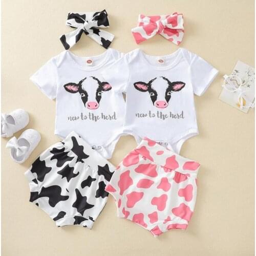 3 Pcs Newborn Baby Girls Casual Outfits Baby Girl Letter Cow Pattern Round Neck Short Sleeve Romper Shorts Headband Babys Sets