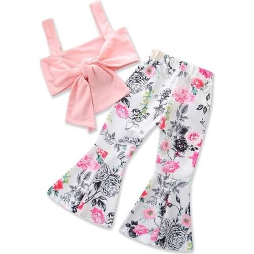 Girls Set Summer New Lolita Style Sling Strap Top + Flower Flare Pants Two Piece Set 2-6 Years Girl Birthday Party Occasion