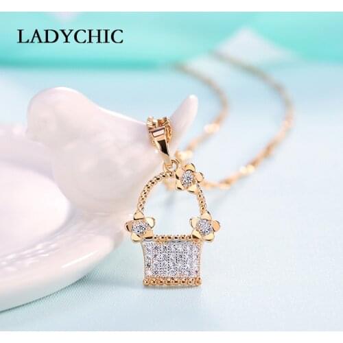 LADYCHIC Cute Crystal Pendant Necklace for Girl Gold Color Elegant AAA Shiny Cubic Zircon Necklaces Jewelry Gift LN1037