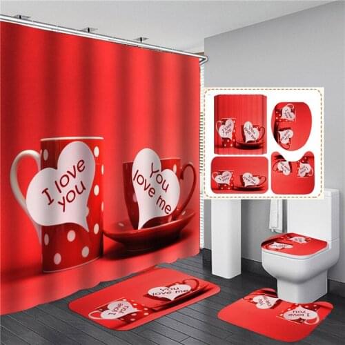 3d Red Heart Lovers Shower Curtain Set Valentines Day Bathroom Curtain Sets Modern Home Decor Bath Rug Set Anti-slip Carpet