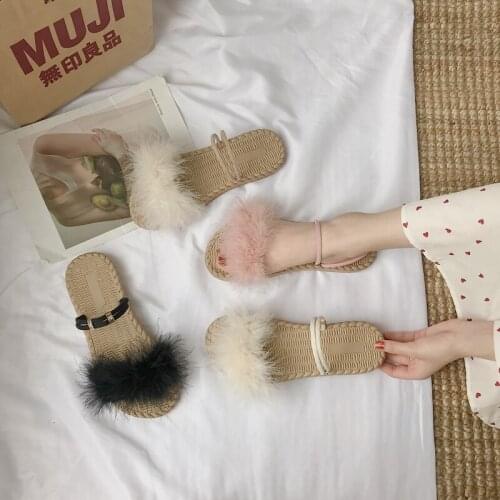 Sweet pink fur flat sandals women double narrow band two wears beach sandalias girls furry slides shoes comfy flip flops women
