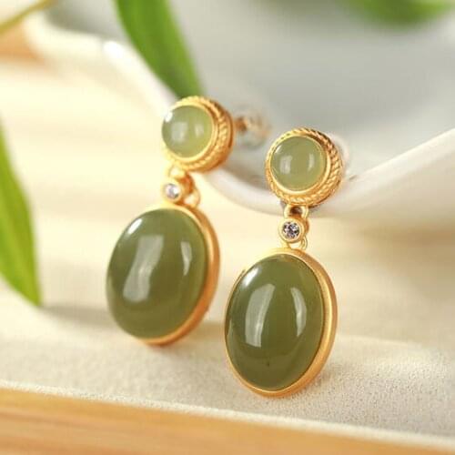 New silver inlaid natural Hetian Chalcedony Oval Earrings Chinese style retro minority design charm womens brand jewelry