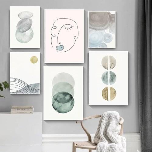 Abstract Face Line Drawing Poster Geometry Art Print Sun Mountain Landscape Canvas Painting Nordic Pictures Living Room Decor