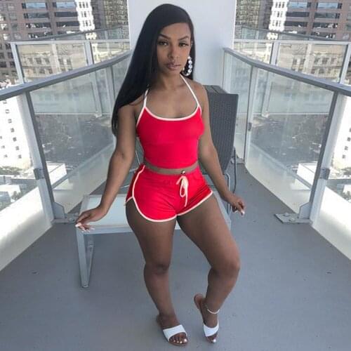 Activewear Casual Two Piece Sport Suits for Women Halter Neck Backless Crop Top and Drawstring Biker Short Outdoor Co-ord Sets