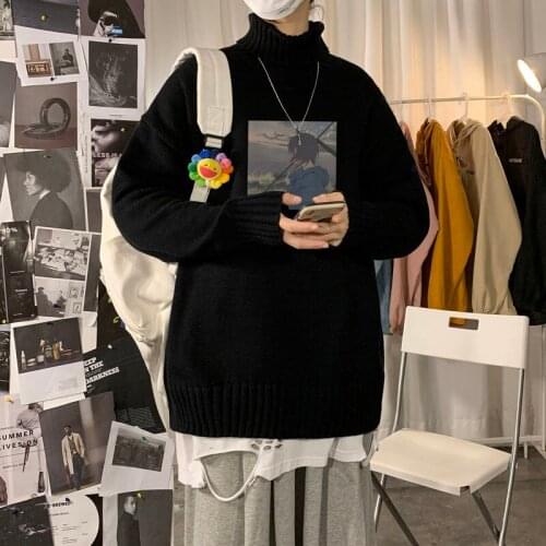 INXYZ 2021 Fashion New Men Solid Color Pullover Anime Pattern Printing Pullover High Neck Warm Sweater Autumn Winter All-match