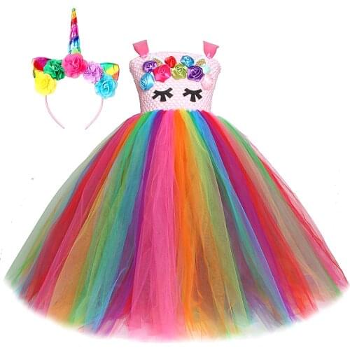 Rainbow Unicorn Dresses for Girls Princess Halloween Costumes Kids Birthday Gift Unicorn Costume Baby Girl Christmas Long Dress