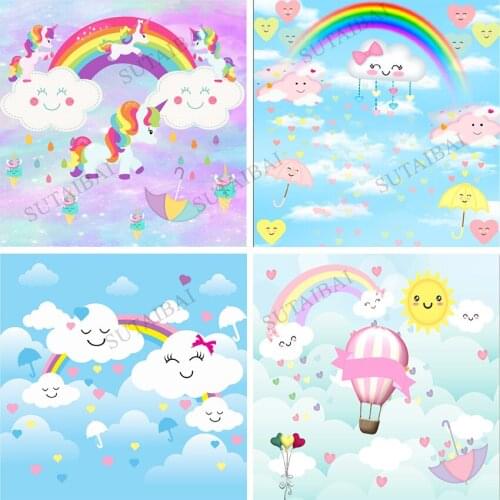 Pink Rainbow Baby Smile Clouds Nuvens Umbrella Love Heart Custom Backgrounds Photography Photo Studio Backdrops Vinyl Fabric