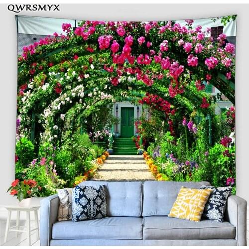 Green Plants With Red Flower Arch Tapestry Aesthetic Scenery Wall Hanging Living Room Bedroom Dorm Decor Wall Art Tapestries