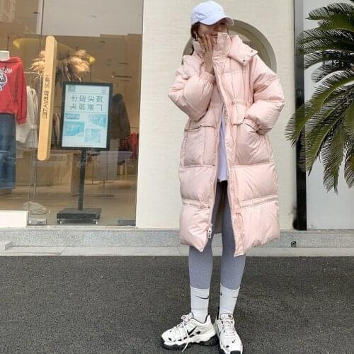 QingWen New Winter Jackt Women Solid Color Long Hooded Drawstring Large Pocket 90% White Duck Down Jacket Parkas Casaco Feminino