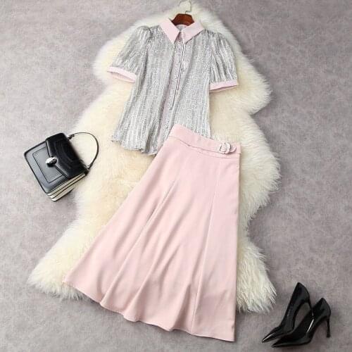 2021 Printed Shirt with Short Sleeves Pink Pleated Skirt Fashion Suits European and American Womens Wear for Spring