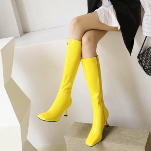 2021 Winter Knee Boots Women Fashion Patent Leather High Heels Plus Wram Long Boots Female Sexy Orange Black Footwear Ladies