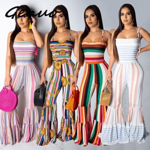 Genuo 2019 Women Stripes Print Spaghetti Strap Sleeveless Bohemian Ruffles Splicing Boot Cut Jumpsuit Fashion Romper Playsuit
