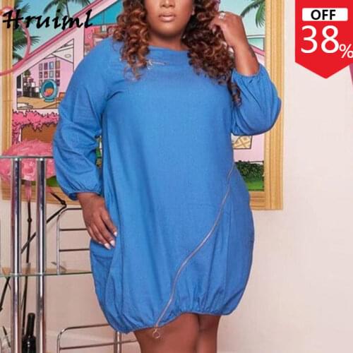 Dresses for Plus Size Women Ladies Long Sleeve O Neck Zipper Design Denim Dress Women New Fashion Streetwear Casual Dress Party