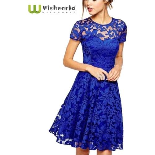 S-5XL Wishworld Temperament Fashion Round Neck Short Sleeve Lace Dress Fashion Women Popular Summer Sun Dress Party Club Dress
