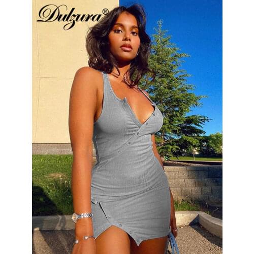 Dulzura Ribbed Women Solid Sleeveless Buttons Patchwork Mini Dress V Neck Slit Bodycon Sexy Streetwear Party Casual 2021 Autumn