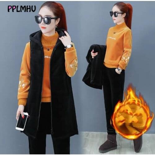 Winter Embroidered Thicken Velvet 3 Piece Set Womens Casual Mid Hooded Zipper Warm Vest Fashion Tops And Pants Sweat Suit 2020