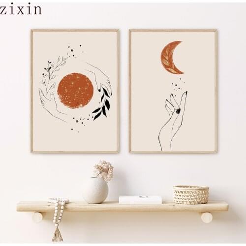Abstract Mystic Hand Sun and Moon Scene Boho Canvas Prints Painting for Living Room Home Decor No Frame Wall Art Picture Posters