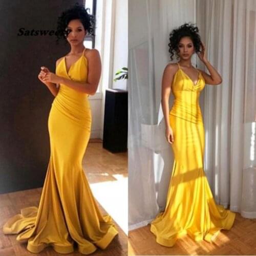 Elegant Yellow Prom Dress V-Neck Sexy Mermaid Long Evening Gown Plus Size 2021 Long Prom Party Dresses vestido fiesta