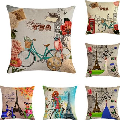 Cotton Linen Cushion Cover Retro Vintage Franch Paris Bicycles Tower Pillow Cover Car Sofa Throw Pillowcase Home Decor ZY350