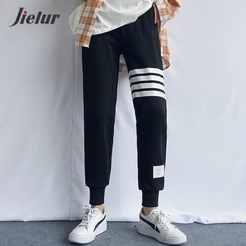 Jielur Casual Womens Pants Black Gray Joggers Sports Harem Pants Street Harajuku Loose Striped Female Trousers Spring M-XXL