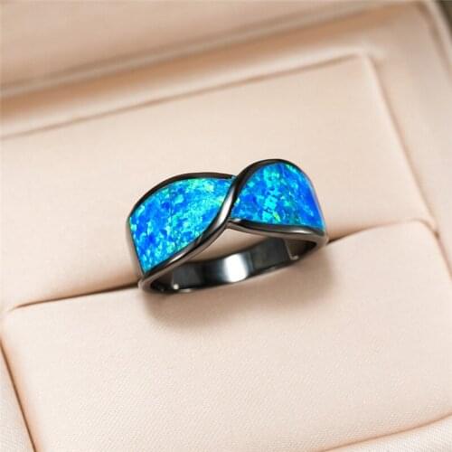 Simple Fashion Blue Fire Opal Ring Vintage Female Geometric Stone Ring Charm Black Gold Wedding Rings For Women Bridal Jewelry