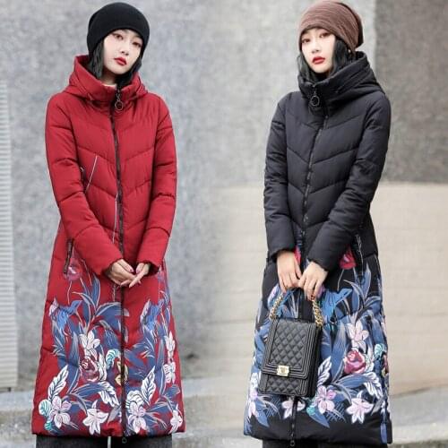 Chinese Style Womens Winter Down Cotton Jacket X-long Printing Thick Outwear Hooded Oversized windproof parka Female Coat