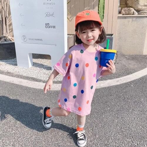 Summer baby girls cotton colorful air balloon printing Tee dress 1-6 years kids short sleeve casual long Tops