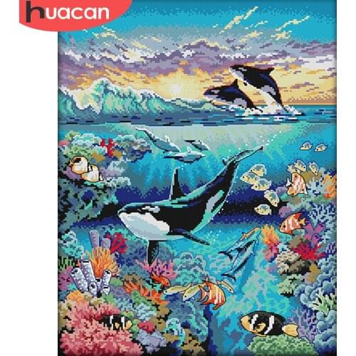 HUACAN Cross Stitch Underwater World Sets White Canvas Needlework Handicrafts Cross Stitch Animal Embroidery Dolphin 14CT 11CT