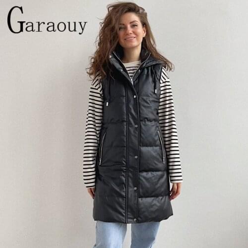Garaouy 2021 New Women Black Sleeveless Faux Leathe Hooded Vest Coat Vintage Cotton Waistcoat Female Sleeveless Jacket Outwear