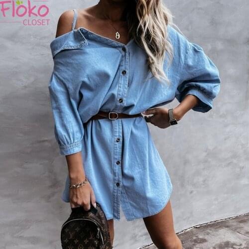 Flokocloset Autumn Loose Spaghetti Straps Half Lantern Sleeve Denim Shirt Dress Casual Polo Hollow Out Button Party Dresses