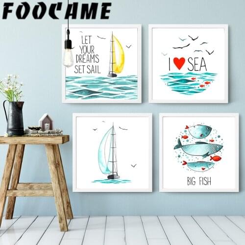 Sea Marine life Big Fish Sailboat lighthouse Nordic Posters and Prints Art Canvas Painting Living Room Decoration Wall Pictures