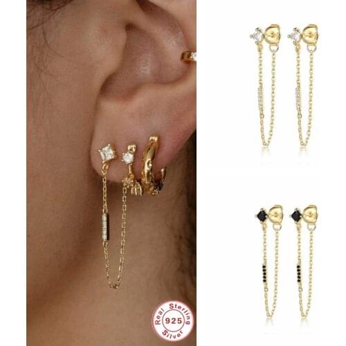 2pcs Plata De Ley 925 Earring Chain White Black Zircon Stud Earrings for Women Lovers' Cartilage Pendientes Tassel Link Jewerly