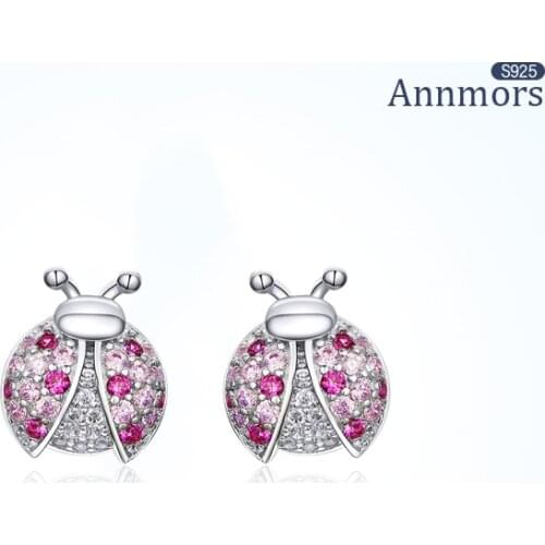 Pink Purple Ladybug Stud Earring Enamel Colored Zircon Woman Earring 2021 Trend Insects Ear Piercing Silver 925 Sterling Jewelry