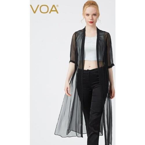 VOA Black Silk Seven-sleeve Embroidered Strip with Wide Slit, Light and Micro-transparent Medium and Long Sunscreen Shirt WJ73