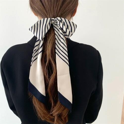 Luna&Dolphin French Twill Silk Skinny Scarf 95x5cm Chiffon Black White Striped Print Headband Bag Ribbon Neckerchief Wrist Towel