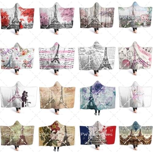 France Paris Eiffel Tower Pattern Hooded Blanke Wearable Blanket Robe Wrap Ultra Soft Throw Indoors Or Outdoors Hooded Blanket