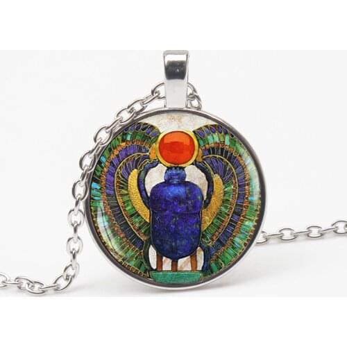 Vintage Egyptian Sacred Beetle Pattern Pendant Necklace Ancient Egyptian Style Glass Long Chain Man Woman Gift Jewelry Choker