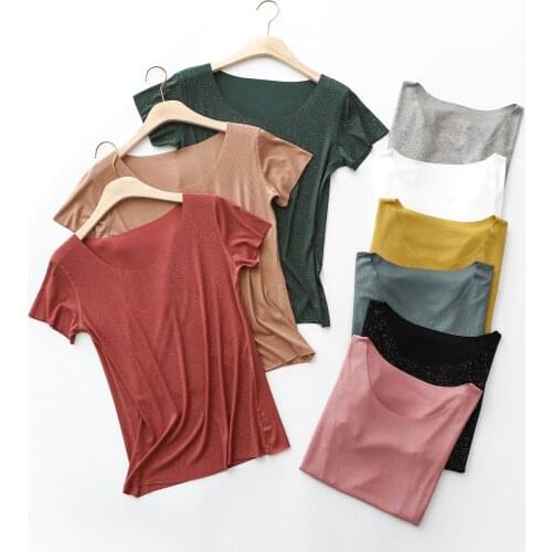 High Stretch Rib Cotton Shiny Casual Slim Fit Basic Short Sleeve Women T Shirt Seamless Tops Black Women T-Shirt Under Shirt