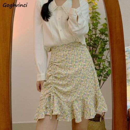 Skirts Women Chiffon Vintage Floral Trumpet Summer Ruffles Hem Elastic High Waist Mini All-match Holiday Beachwear Prairie Chic